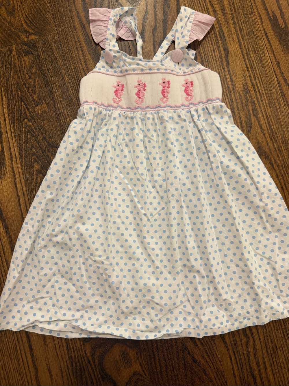Girls White and Pink Polka Dot Smocked Dress with Seahorse Embroidery